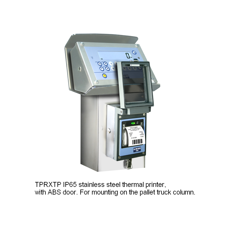 Dini Argeo TPRXTP IP65 stainless steel thermal printer, with ABS door. For mounting on the pallet truck column.